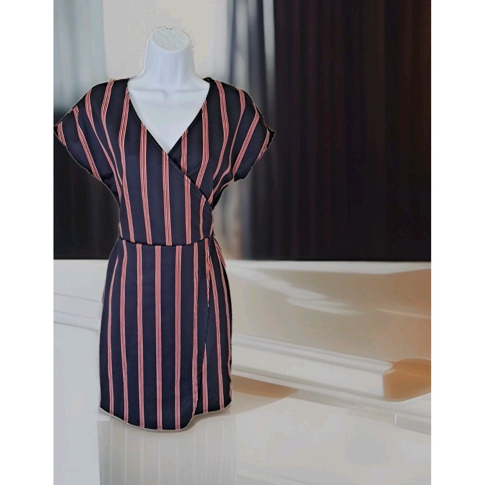 Rebel Sugar Dress M Navy Blue Red Striped Faux Wrap V Neck Tie Waist Slim‎ Fit